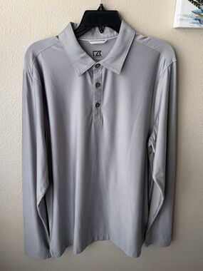 Cutter and Buck Polo Medium Dry Tech Shirt Gray Long Sleeves Button Activewear